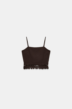 ZARA КРОП-ТОП С БАХРОМОЙ, КОРИЧНЕВЫЙ