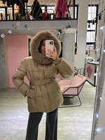 Пуховик Fresh миди с поясом песочный