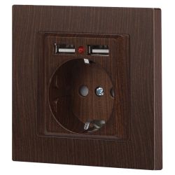 Розетка Intro Accent 6-410-10 , P+E Schuko со шторками, 16А-250В + 2хUSB, IP20, СУ, венге