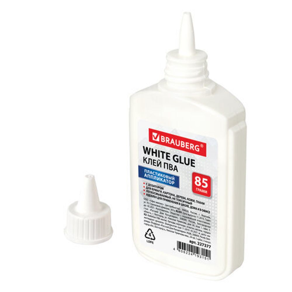 Клей ПВА BRAUBERG (бумага, картон, дерево), 85 г, 227377