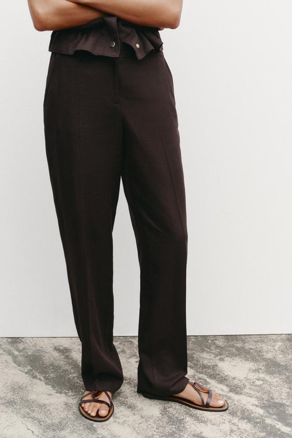 ZARA ПРЯМЫЕ БРЮКИ ИЗ ЛЬНА, КОРИЧНЕВЫЙ