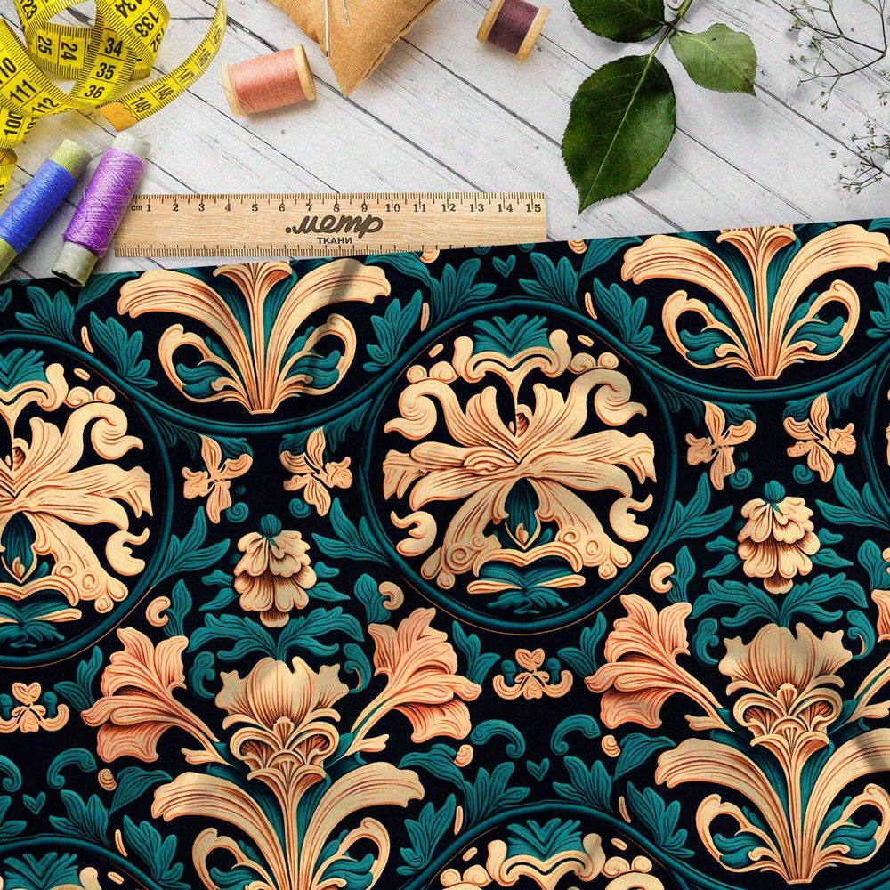 Ткань премиум Оксфорд 600D золотой орнамент на зеленом