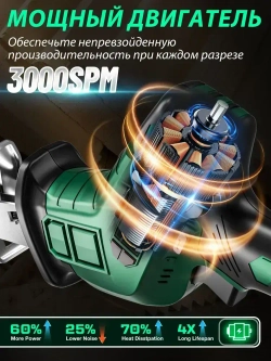 Сабельная пила аккумуляторная, 2 Батарейки 21 В , 3000 об/мин