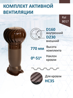 Комплект активной вентиляции: Вентиляционный выход изолированный Vilpe D160/225 утепленный высота H=500 мм, проходной элемент PROF-35 для металлопрофиля кровельного профнастила 35мм, турбодефлектор Ø 230 мм, коричневый