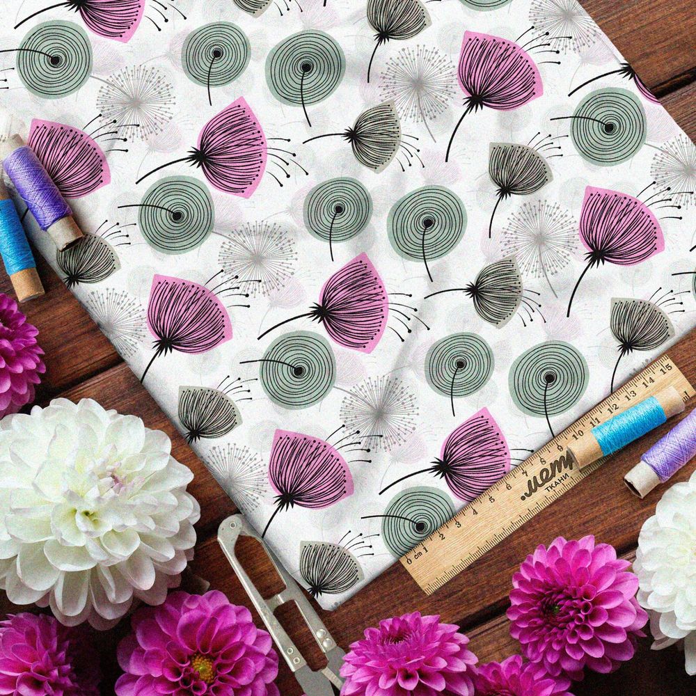 Ткань лён цветные одуванчики на белом фоне