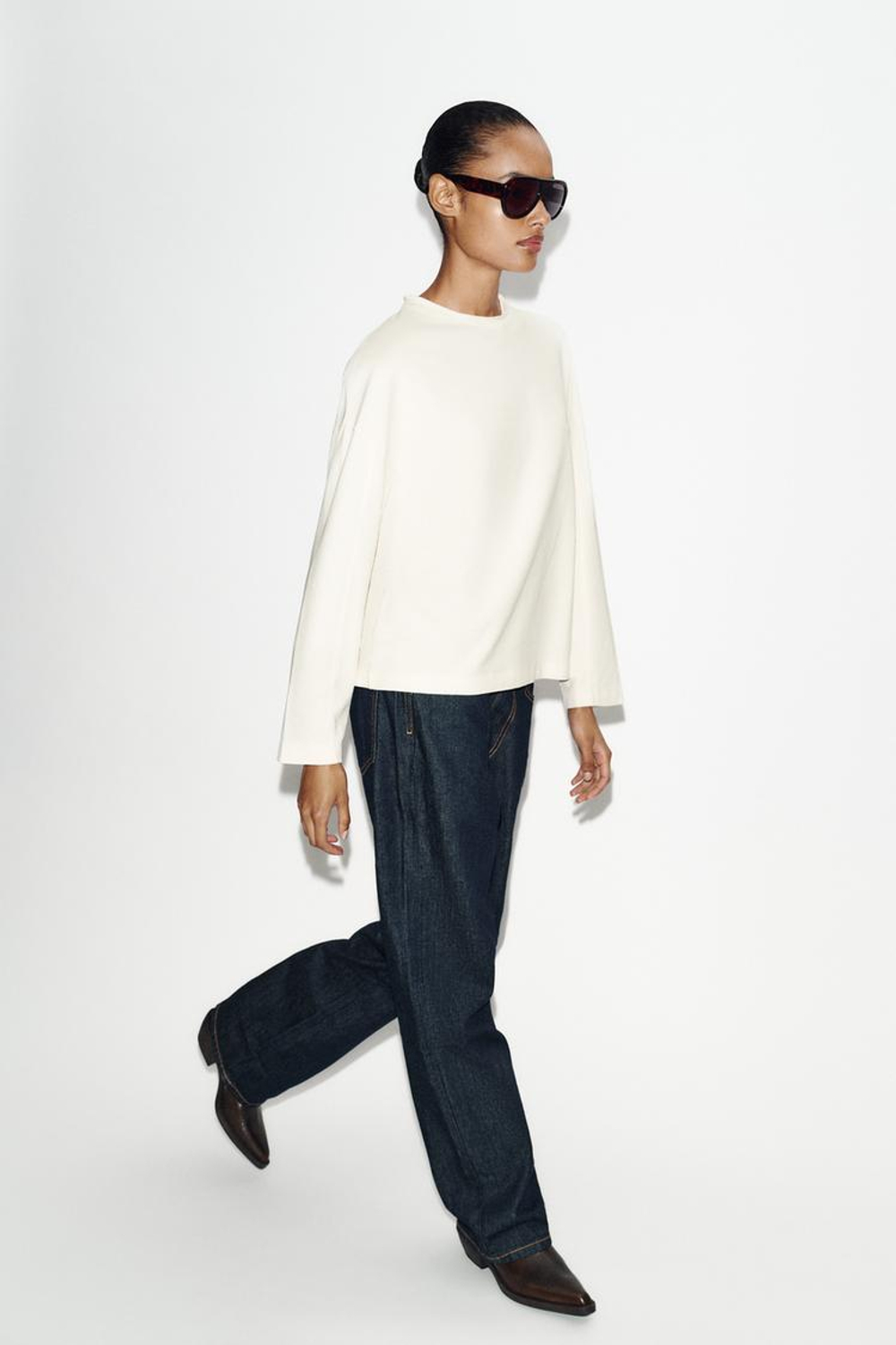 ZARA ФУТБОЛКА С ДЛИННЫМИ РУКАВАМИ, ЖЕЛТОВАТО-БЕЛЫЙ