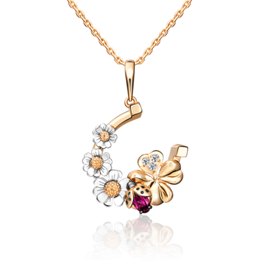 Подвеска «Драгоценный сад» (пожелание удачи) из комбинированного золота с гранатом, натуральными топазами white и эмалью