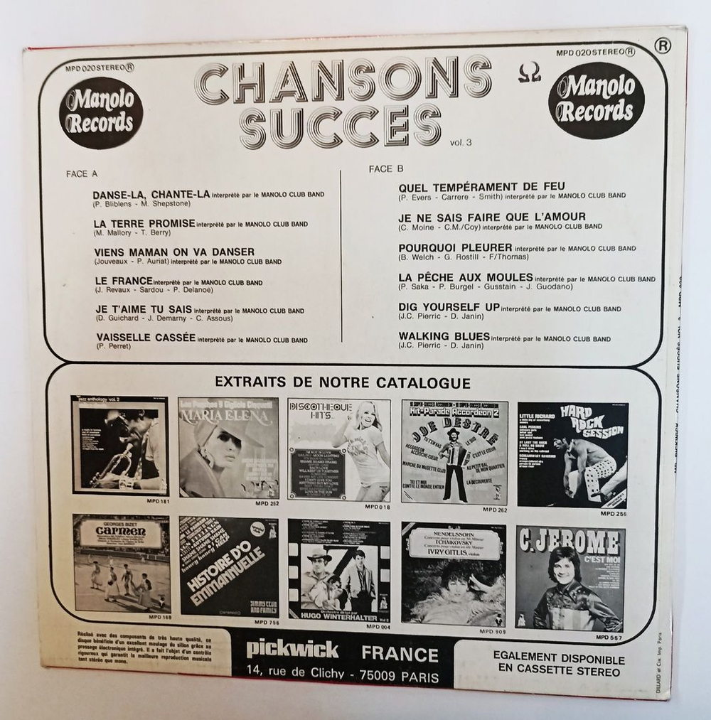 Винтажная виниловая пластинка LP Manolo Club Band Chanson Succes Vol.3 (France 1976)