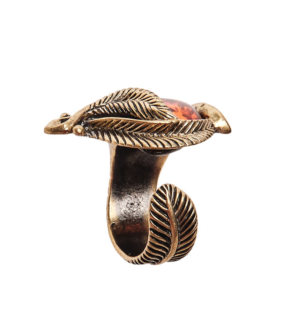 AM-2665 Кольцо «Винтажный лист» (латунь, янтарь)