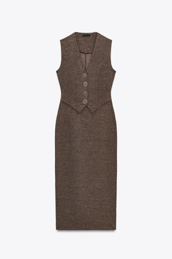 ZARA ПЛАТЬЕ МИДИ С ПУГОВИЦАМИ, КОРИЧНЕВЫЙ МЕЛАНЖ