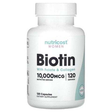Биотин Nutricost, биотин с фолатом и коллагеном для женщин, 10 000 мкг, 120 капсул