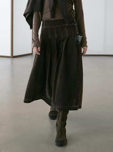 Massimo Dutti Джинсовая юбка миди со складками, хаки