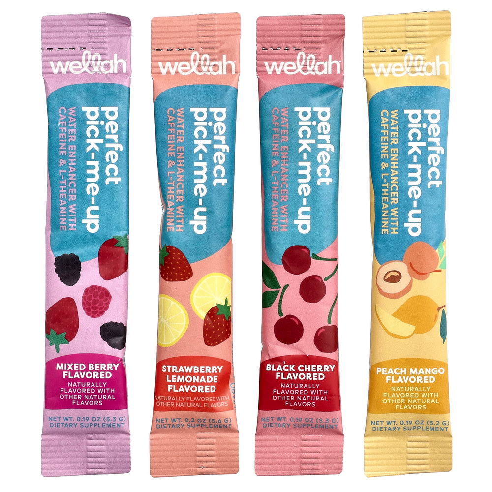 Wellah, Perfect Pick-Me-Up, водоочиститель с кофеином и L-теанином, разнообразные продукты, 20 стиков, 5,2–5,6 г (0,2 унции)