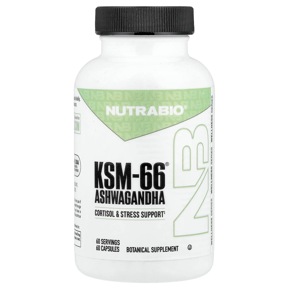 NutraBio, KSM-66®, ашваганда, 60 капсул (600 мг в 1 капсуле)
