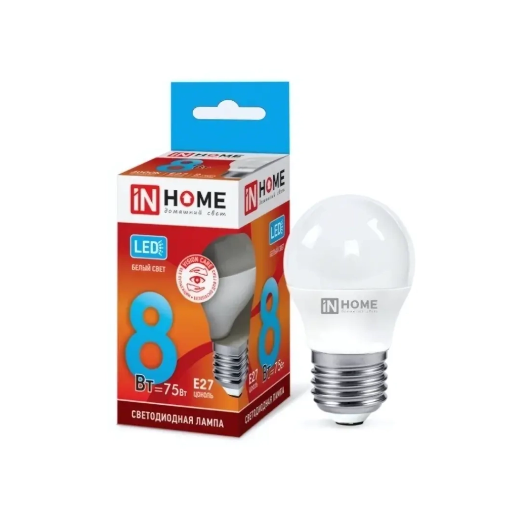 Лампа светодиодная IN HOME, Е27, 8Вт, P45 (шар), 220В, 600Лм, 4000К