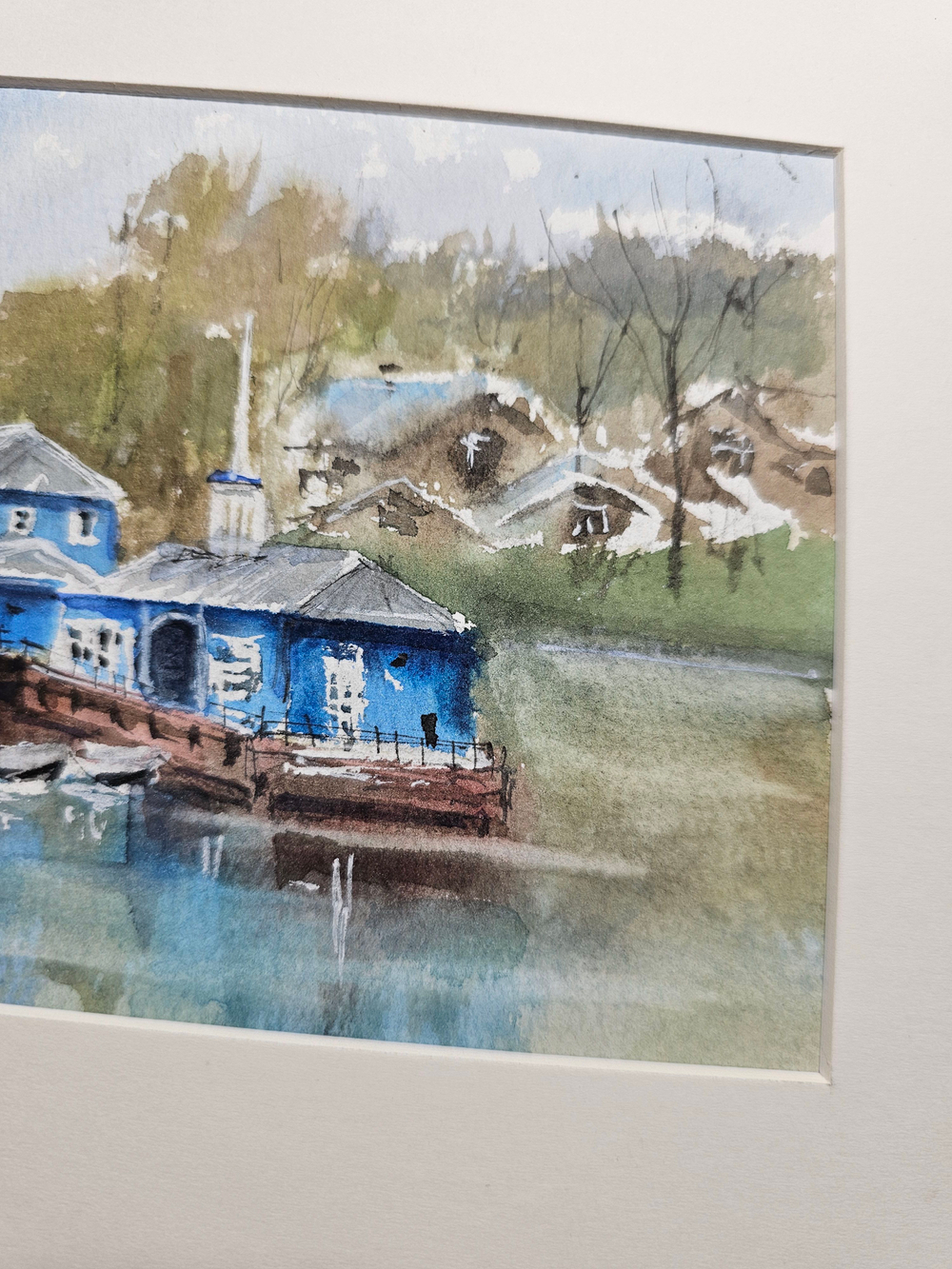 Картина авторская акварельная в паспарту 21х30 см на стену для интерьера "Пристань у кремля. Рязань"