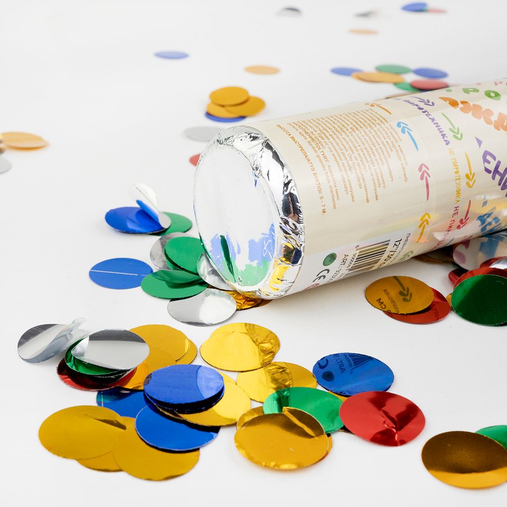 Пневмохлопушка (12/30 см), С Днем Рождения, Круги фольга, Ассорти, 1 шт.