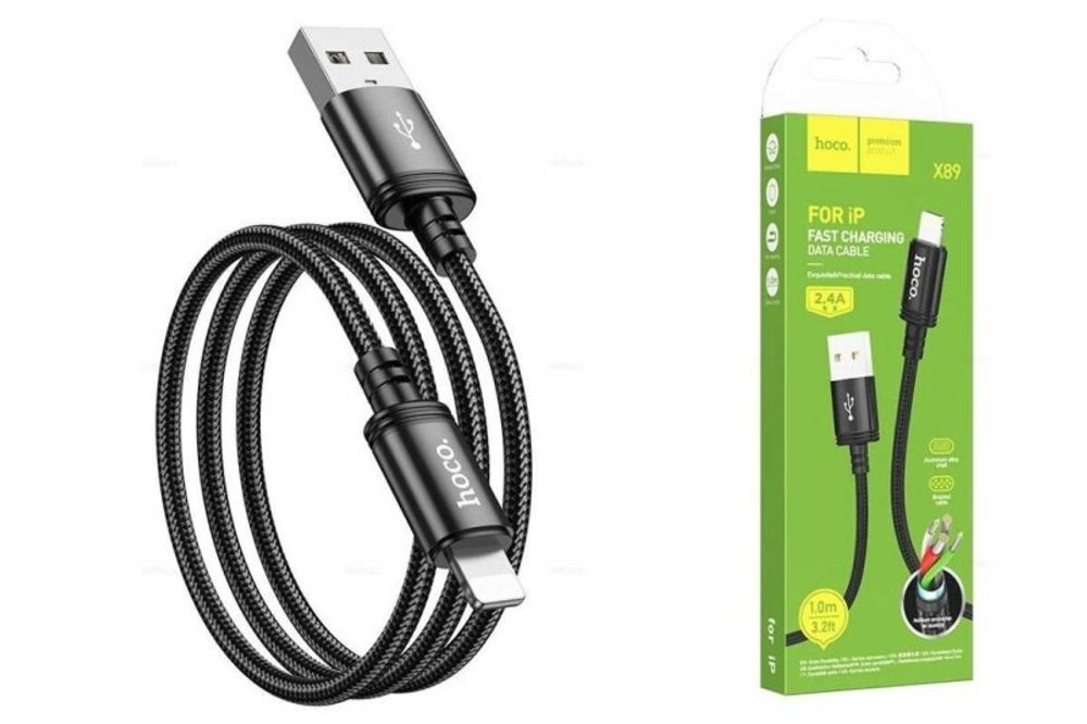 Дата-кабель универ. lightning USB /Iphone/ 1 м, 2.4A черный (HOCO.)