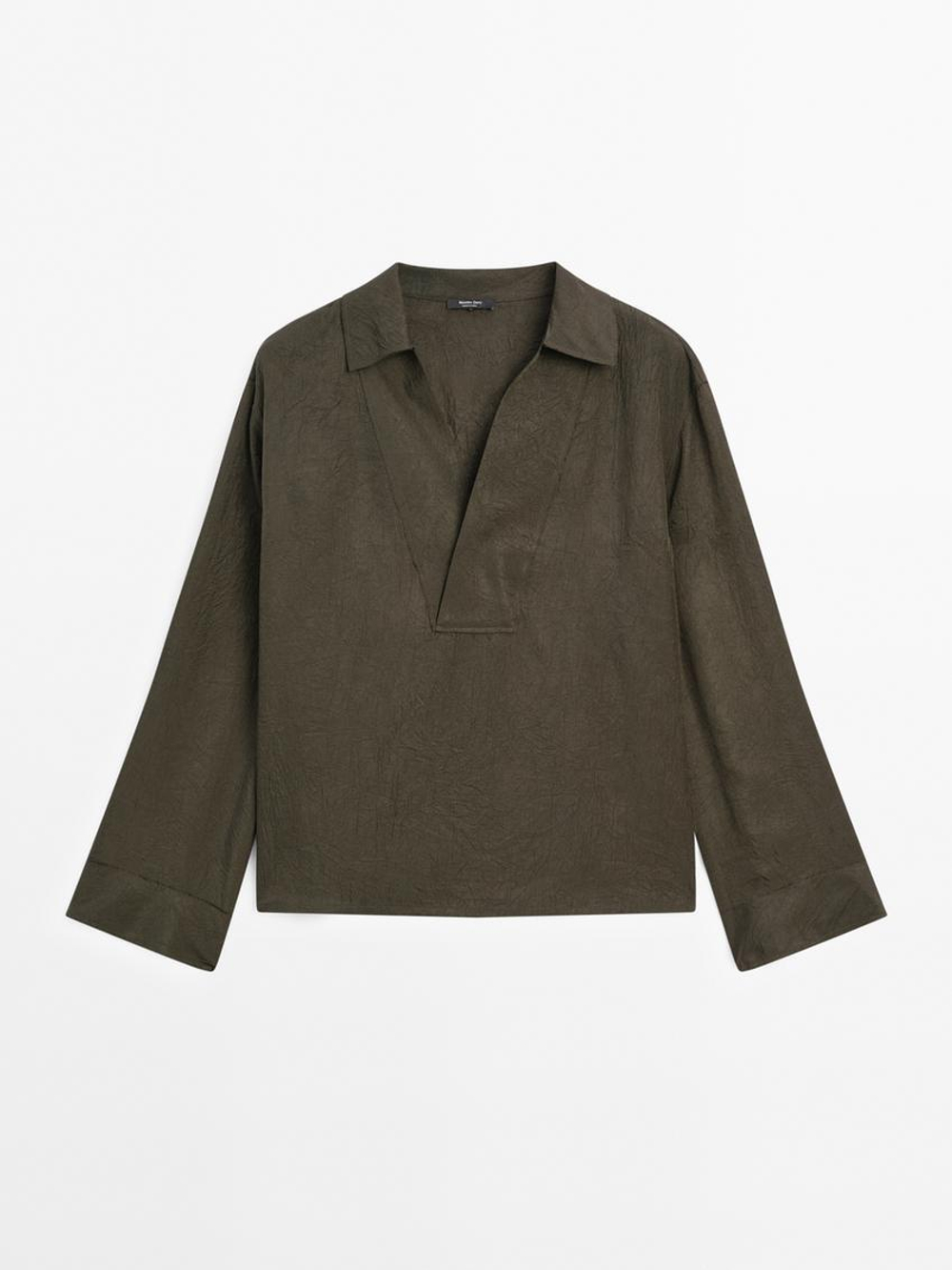 Massimo Dutti Блуза из струящейся ткани с воротником поло, антрацитово-серый