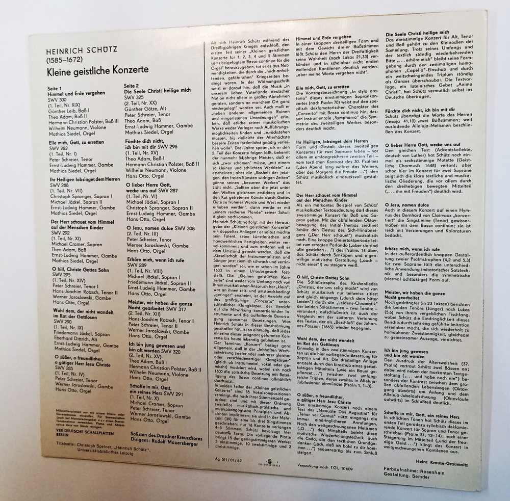 Винтажная виниловая пластинка LP Heinrich Schutz, Генрих Шютц Kleine Geistliche Konzerte (ГДР 1968)