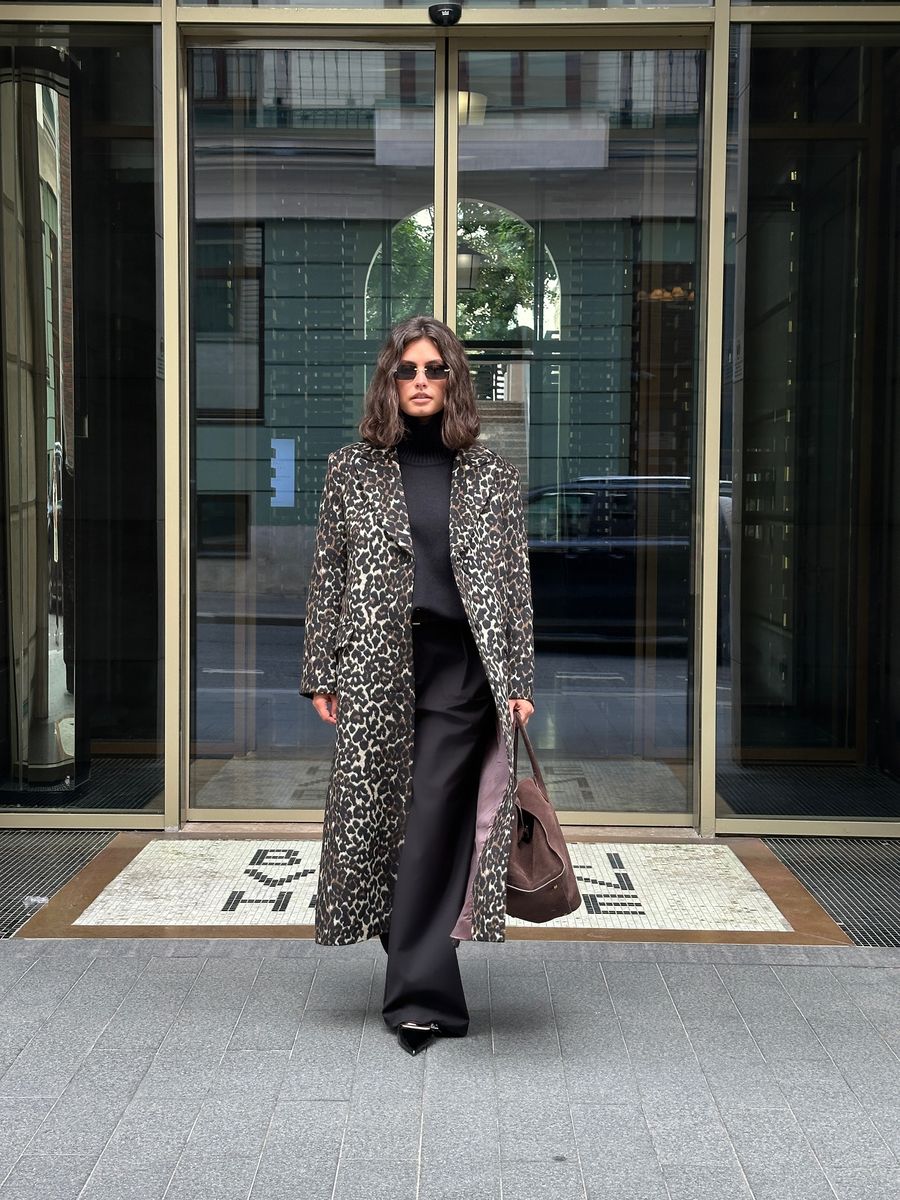 Пальто из смесовой шерсти однобортное леопард коричневый