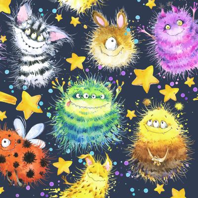 монстрики и звезды акварельный принт