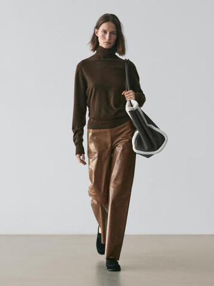 Massimo Dutti Блестящие брюки из кожи наппа, коричневый