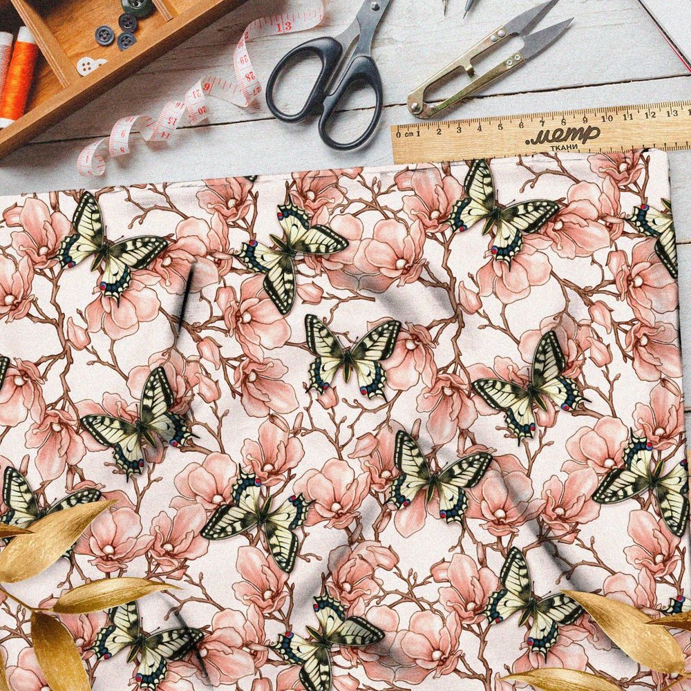 Ткань габардин винтажные бабочки