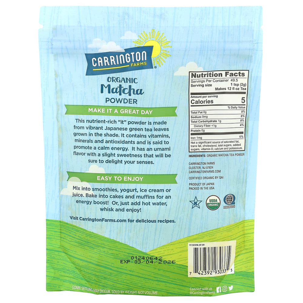 Carrington Farms, Органический порошок матча, 99 г (3,5 унции)