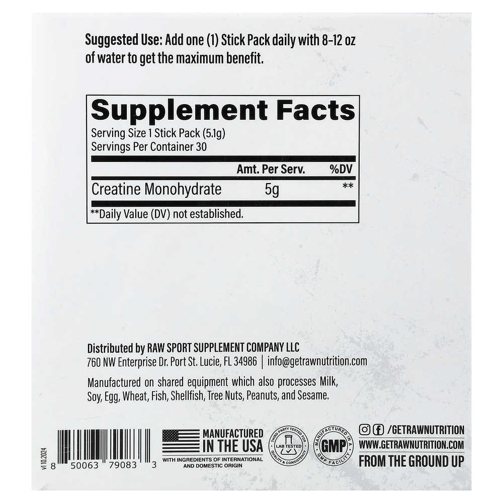 Raw Nutrition, Essentials, моногидрат креатина, без добавок, 30 пакетиков по 5,1 г (0,18 унции)