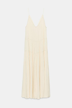 ZARA ДЛИННОЕ АТЛАСНОЕ ПЛАТЬЕ СО СБОРКАМИ, ЭКРЮ