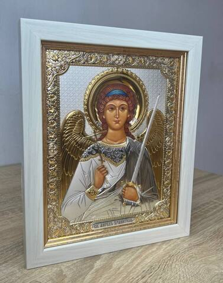 Ангел Хранитель, икона прямоугольная в рамке под стеклом, белое дерево 232х280