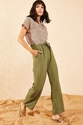 Qadın üçün beli kəmərli, xaki şalvar 10081038