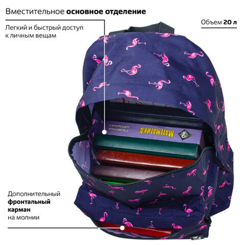 Рюкзак BRAUBERG универсальный, сити-формат, синий, "Фламинго", 20 литров, 41х32х14 см, 226404
