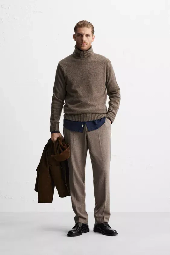 ZARA ШЕРСТЯНЫЕ БРЮКИ С РЕЛЬЕФНЫМ УЗОРОМ, СЕРО-КОРИЧНЕВЫЙ