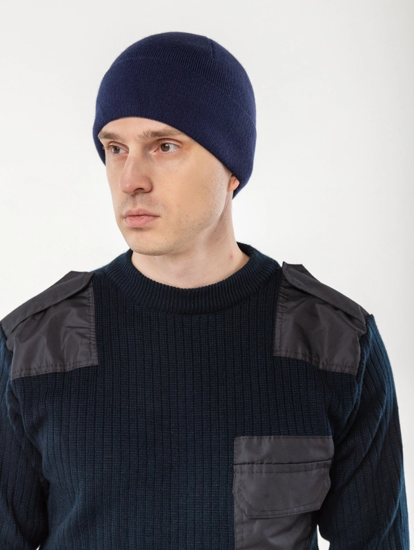 Шапка вязаная синяя на флисе