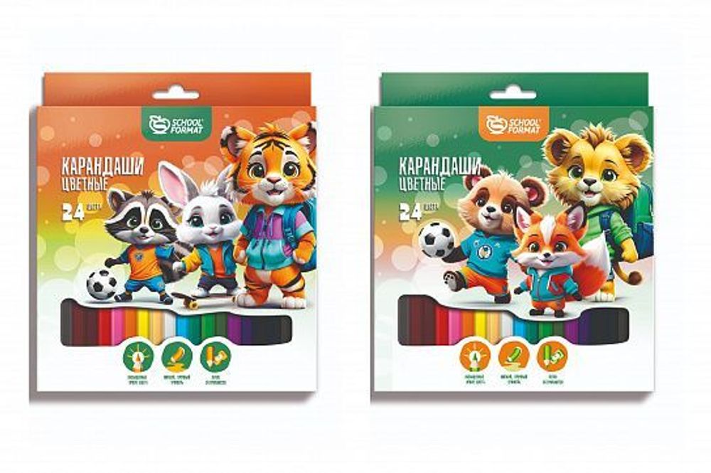 Карандаши 24цв. &quot;Яркие зверята&quot; шестигран. корп. дерев. карт. уп. (Schoolformat)