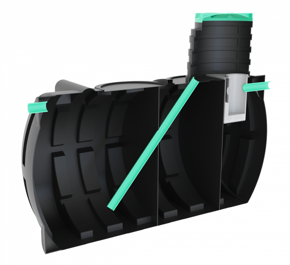 Септик переливной Мультпласт Термит Профи+ 8.5 S 8500 л. горизонтальный / 3500 л. в сутки / 20 чел. / самотечный сброс (3360x1970x2590см;321кг;черный) - арт.555465