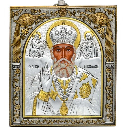 Николай Чудотворец. Икона в серебряном окладе в античной ризе.