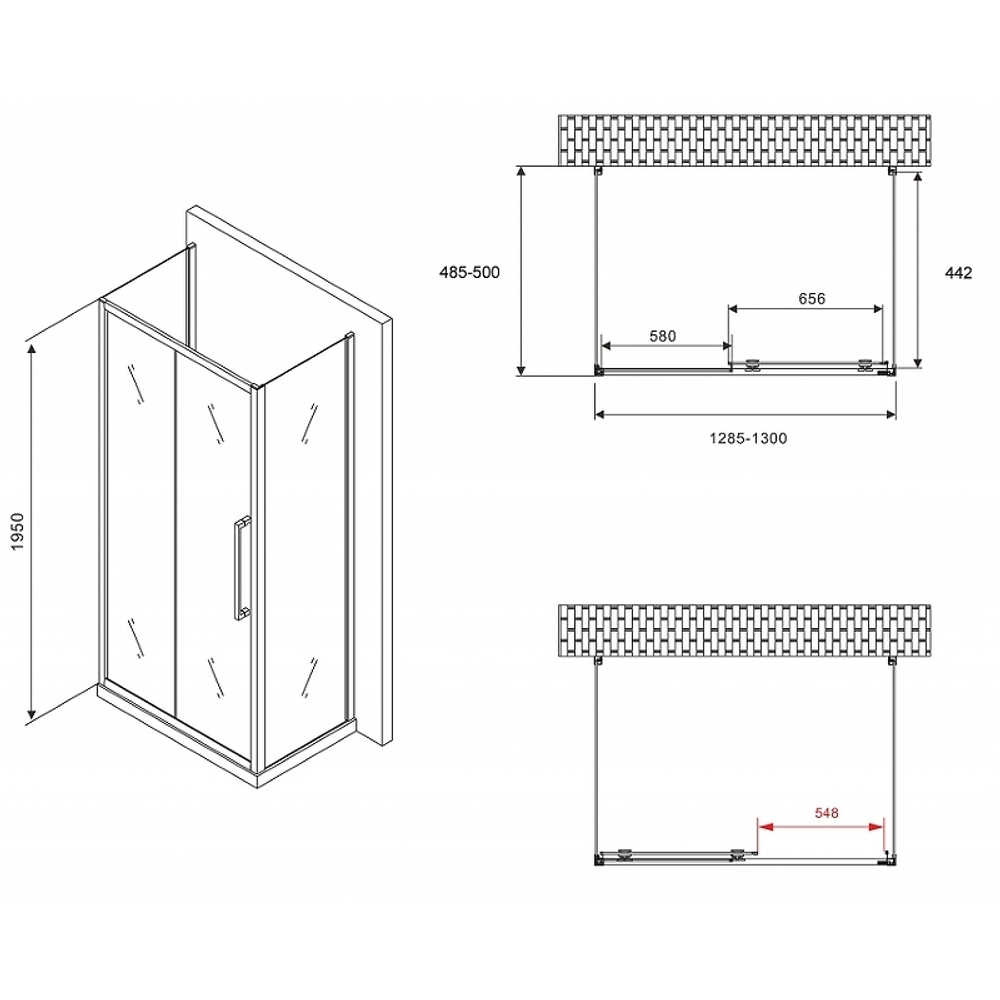 Душевой уголок Abber Schwarzer Diamant 130x50 AG30130H-S50-S50 профиль Хром стекло прозрачное
