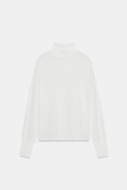 ZARA СВИТЕР ИЗ ТОНКОГО ТРИКОТАЖА С ВЫСОКИМ ВОРОТНИКОМ, БЕЛЫЙ