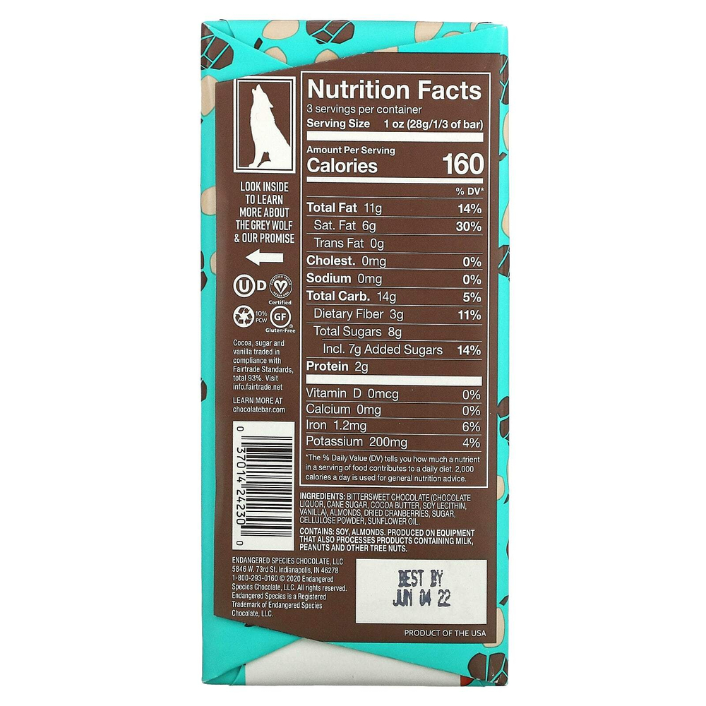 Endangered Species Chocolate, Темный шоколад с клюквой и миндалем, 72% какао, 85 г (3 унции)