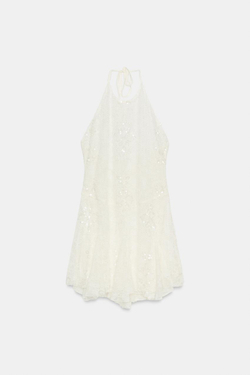 ZARA МИНИ-ПЛАТЬЕ С ГОРЛОВИНОЙ ХАЛТЕР, КРУЖЕВОМ И ВЫШИВКОЙ, ЭКРЮ