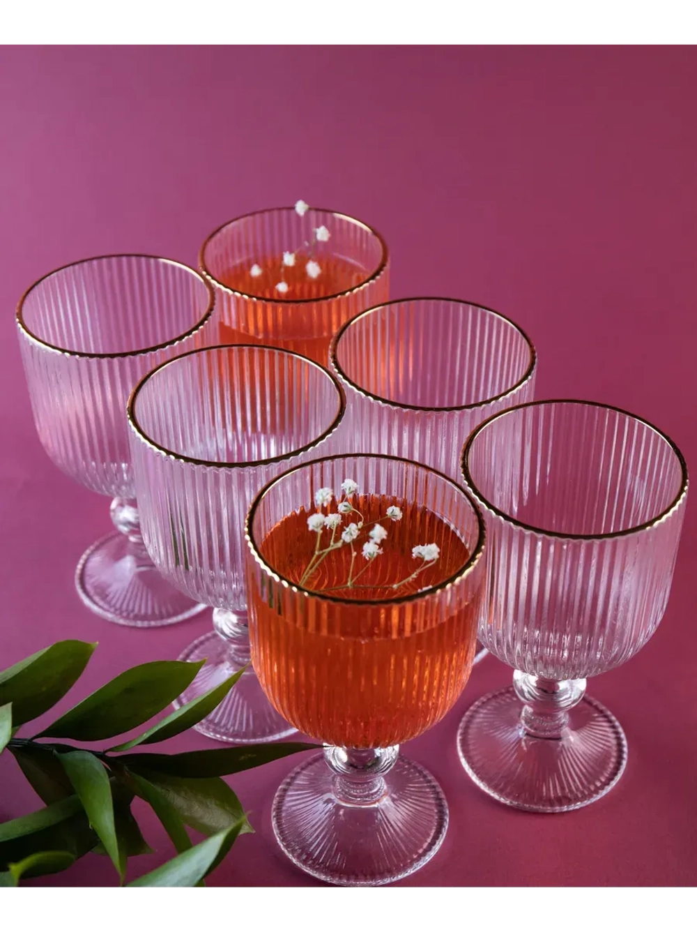 Набор ребристых бокалов вина, 380 мл. 6 шт. с золотой каймой