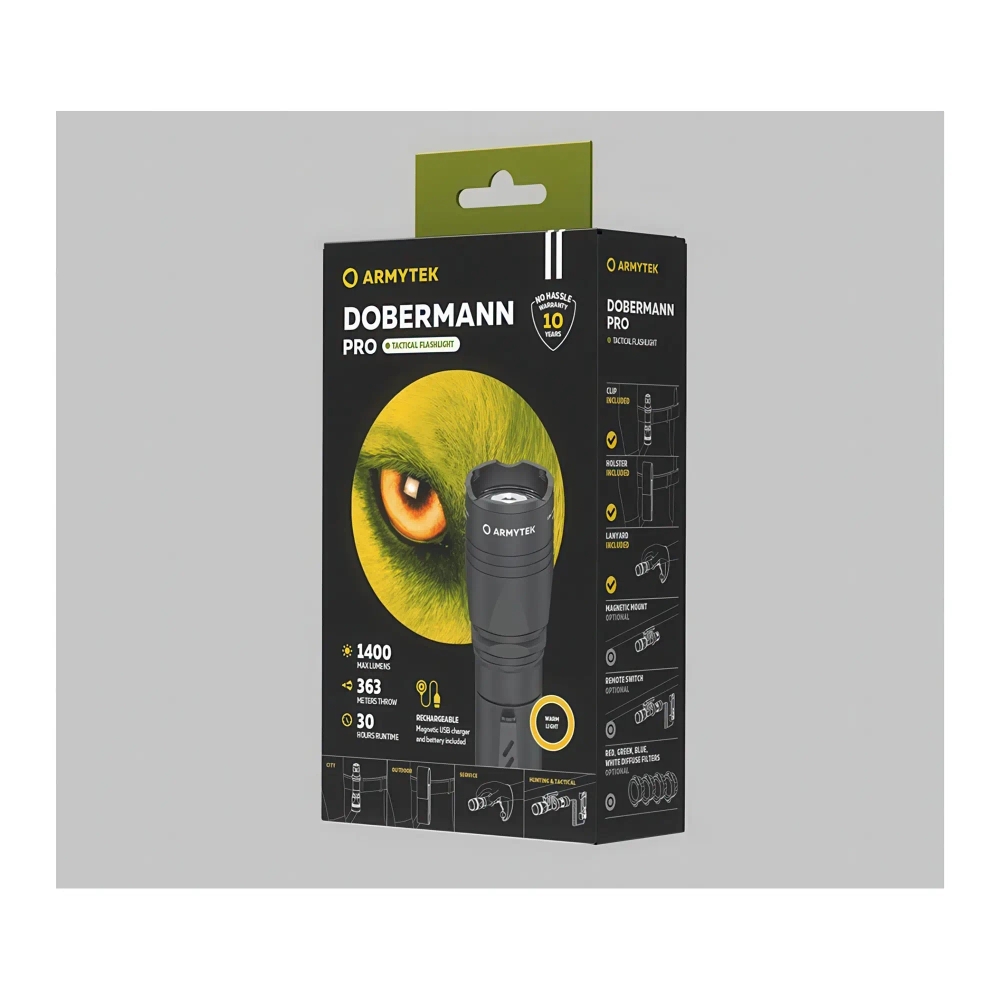Тактический фонарь Armytek Dobermann Pro Magnet USB (теплый свет) - упаковка с изображением и характеристиками