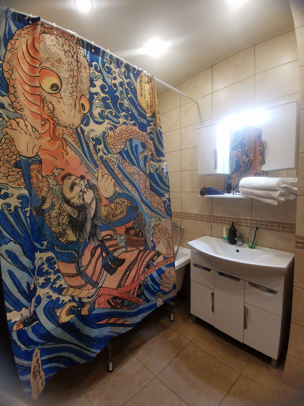 Штора "Битва самурая с гигантской саламандрой", по мотивам живописи Утагавы Куниёси