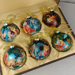 Сувенирный набор из 6-ти коллекционных ёлочных шаров " Сказки" с ручной росписью Палех