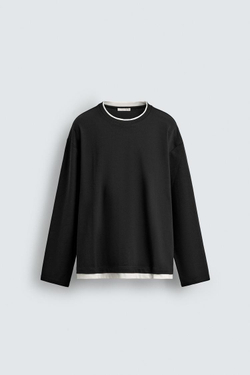 ZARA ФУТБОЛКА С КОНТРАСТНОЙ ДВОЙНОЙ ОТДЕЛКОЙ, ЧЕРНЫЙ