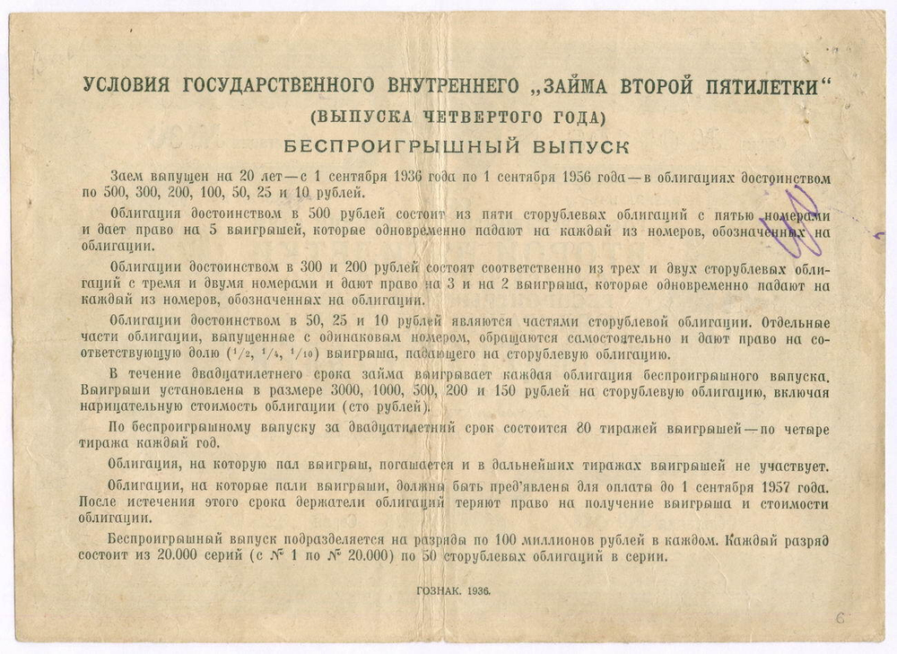 Облигация 50 рублей 1936 год. Заем 2-ой пятилетки (с подписями наркомов). Серия № 07108. VG (надпись, проколы)