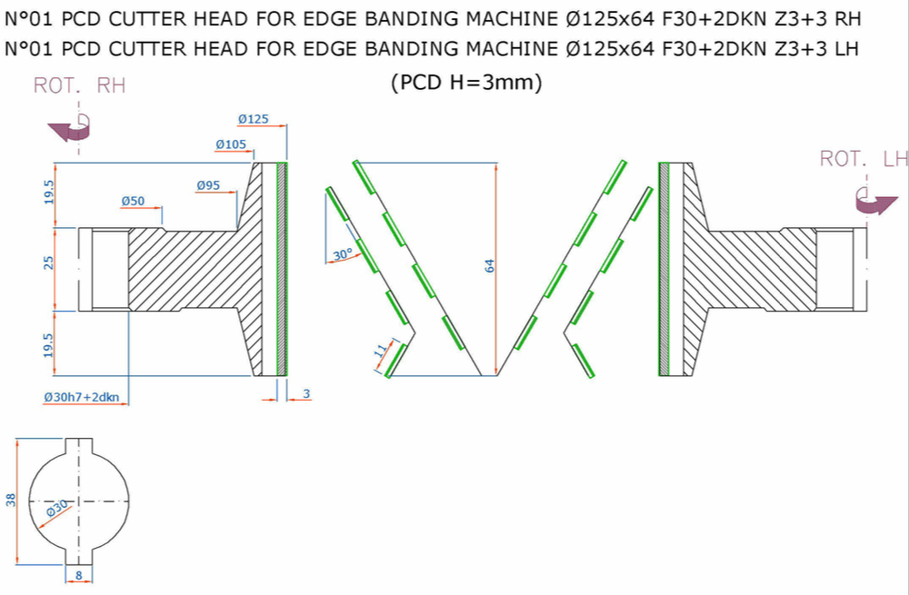 PCD фреза D.125x63x30+DKN Z=3+3 H=3 LH + RH для Filato, KDT, Homag, Biesse